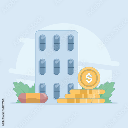 Medical health care budget cost concept, medical money financial budget cost. high health care, pill medicine package. health care pharmacy cost. flat design illustration on background.