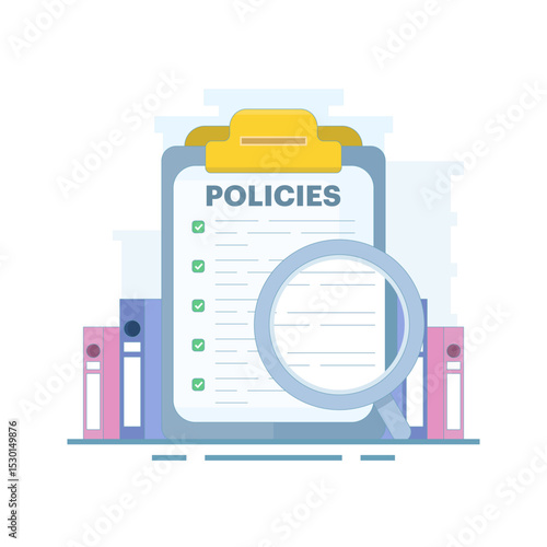 Regulatory compliance rules concept for office employees to achieve business goals, moral and productivity standards, company policies with checklist. Flat vector illustration.