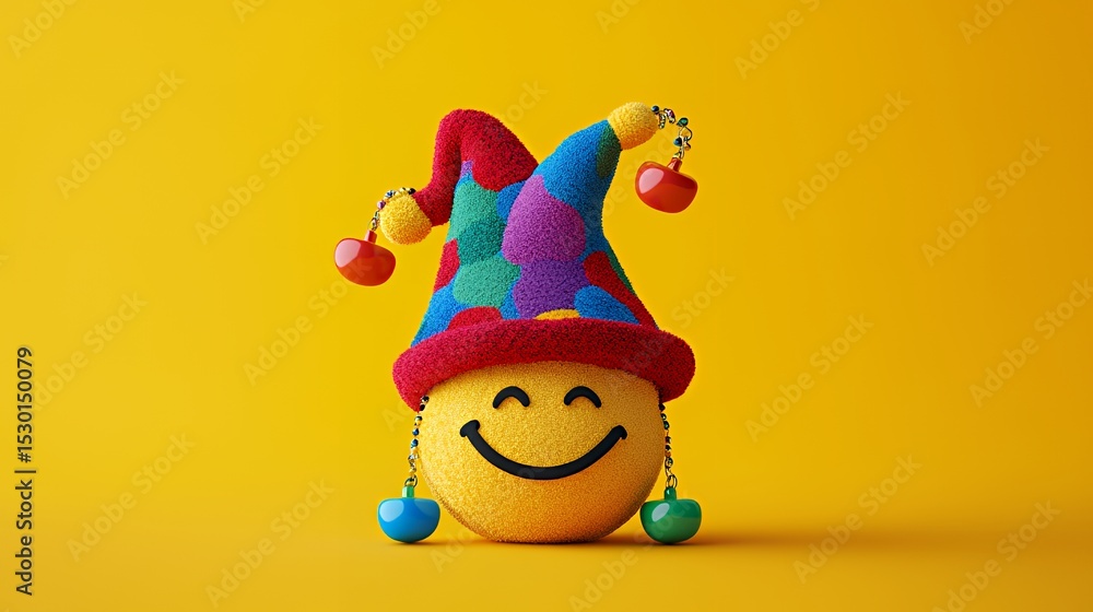 Obraz premium A cheerful jester emoji with a colorful hat, radiating joy and playfulness.