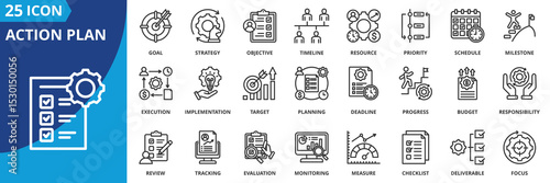 action plan icon set collection in outline style. an icon pack contain goal, strategy, objective, timeline, resource, priority, schedule, milestone, deadline, responsibility