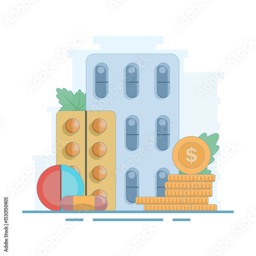 Medical health care budget cost concept, medical money financial budget cost. high health care, pill medicine package. health care pharmacy cost. flat design illustration on background.