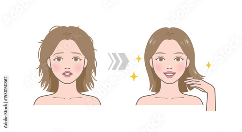 Before and after of frizzy damaged versus shiny healthy hair. Woman character of hair problem and smooth hair. Hair texture restoration.