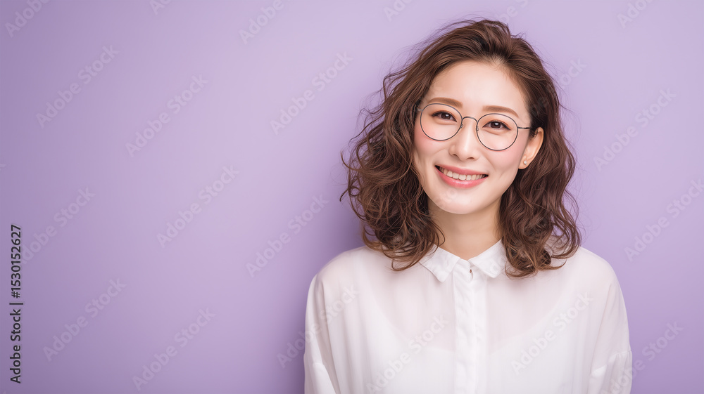 Fototapeta premium ラベンダー背景と笑顔の知的女性