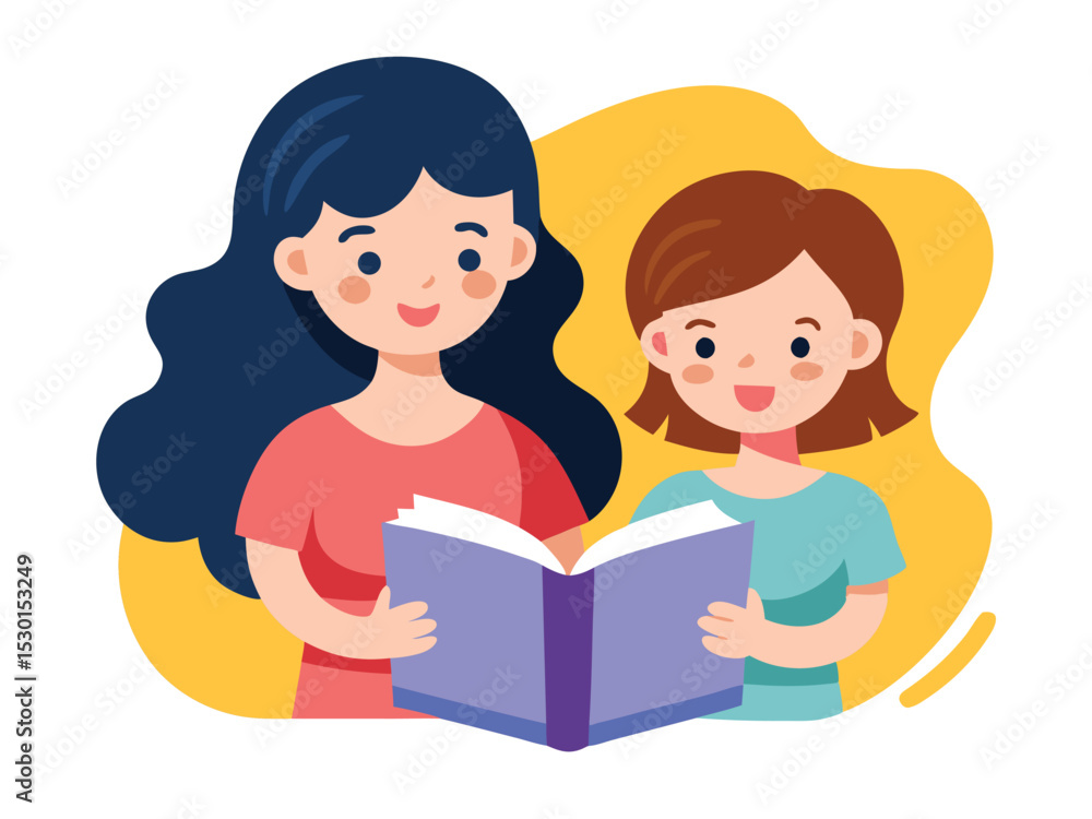 Two cheerful females reading a book together with bright colors and a friendly illustration style. reading, book, girl, woman, female, education, knowledge, sharing. Two cheerful females reading a book together with bright colors and a friendly illustration style. reading, book, girl, woman, female, education, knowledge, sharing.