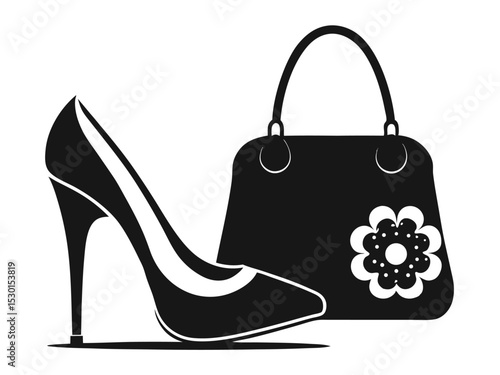 Stylish black and white illustration of a high heel shoe and a fashionable handbag perfect for fashion design.