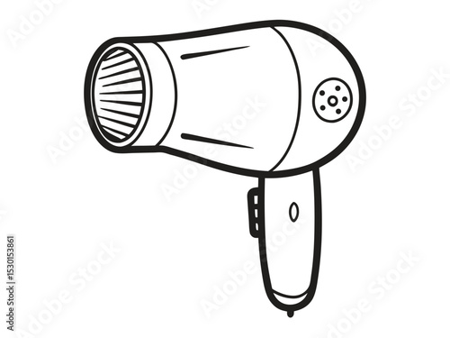 Black and white drawing illustration of a modern hair dryer for hairstyling and beauty concepts.
