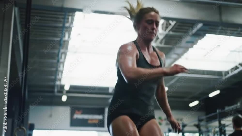 A woman is doing a box jump at the gym during a crossfit workout. A woman is doing a box jump at the gym during a crossfit workout.