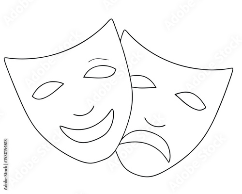 Outline of comedy and tragedy theater masks representing happiness and sadness in minimalist design. theatre, masks, comedy, tragedy, drama.
