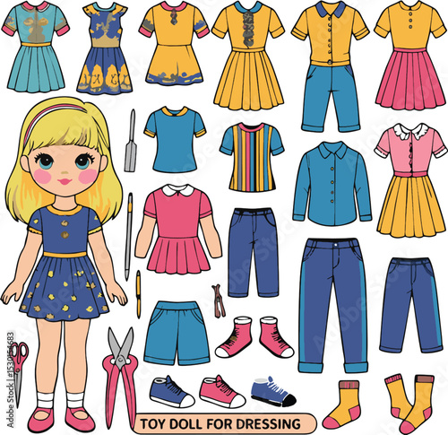 Diese lebendige Illustration zeigt eine Spielzeugpuppe mit farbenfroher Kleidung – perfekt für interaktives Ankleidespiel. Das bezaubernde Design weckt die Fantasie von Kindern und fördert lehrreiche 