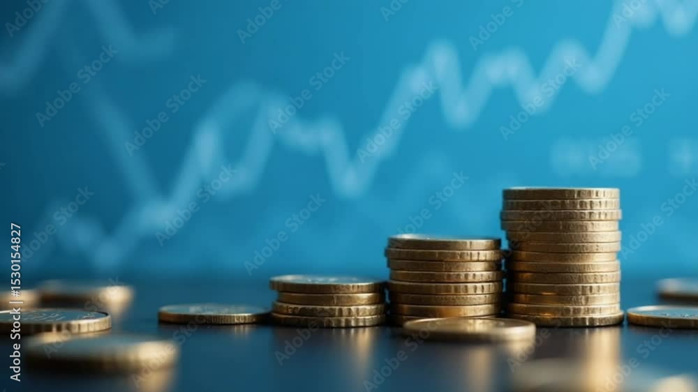 Investment and asset management yield. Stacked coins and graph.