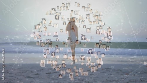 Walking barefoot woman forming tech network sphere, entering surf as pulsing pic tiles dissolving