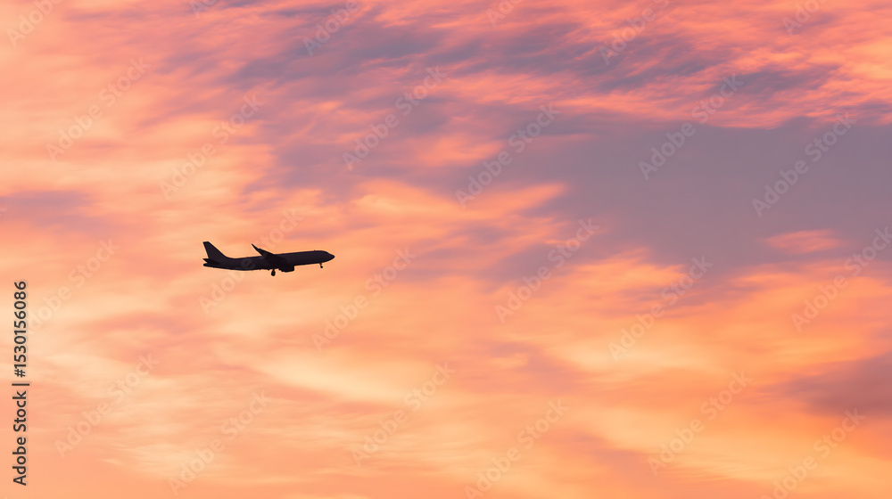 Fototapeta premium Passenger airplane against sunset sky, journey into vibrant horizons