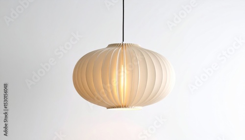 Elegant ribbed pendant light fixture glowing warmly in a minimalist interior