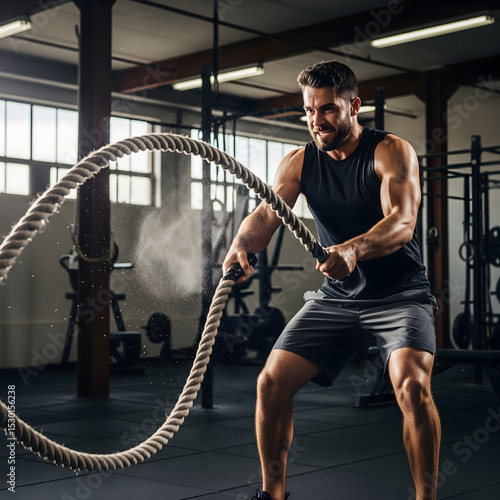 A determined adult male, mid-exercise, swings heavy battle ropes in a gym, with visible effort and intensity during his workout