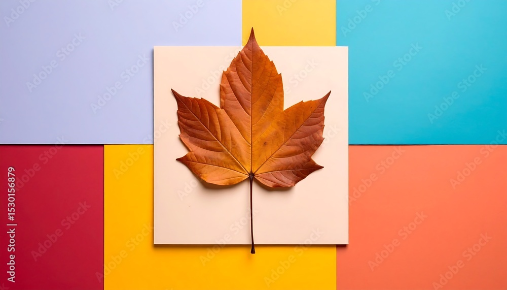 Obraz premium Autumn Maple Leaf on Colorful Geometric Backdrop Fall Season Concept.