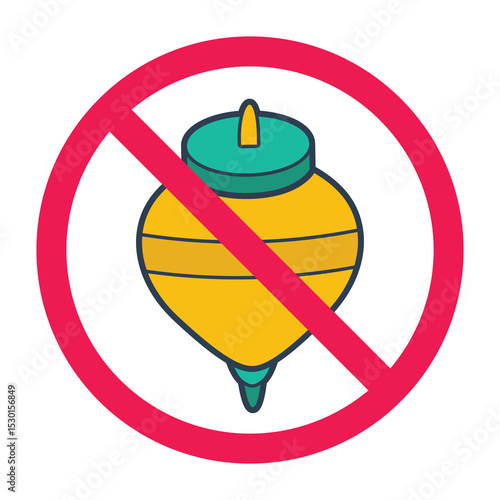 Forbidden sign with spin top toys icon, no spinning top allowed sign, top traditional toy prohibition sign, do not play spin top symbol