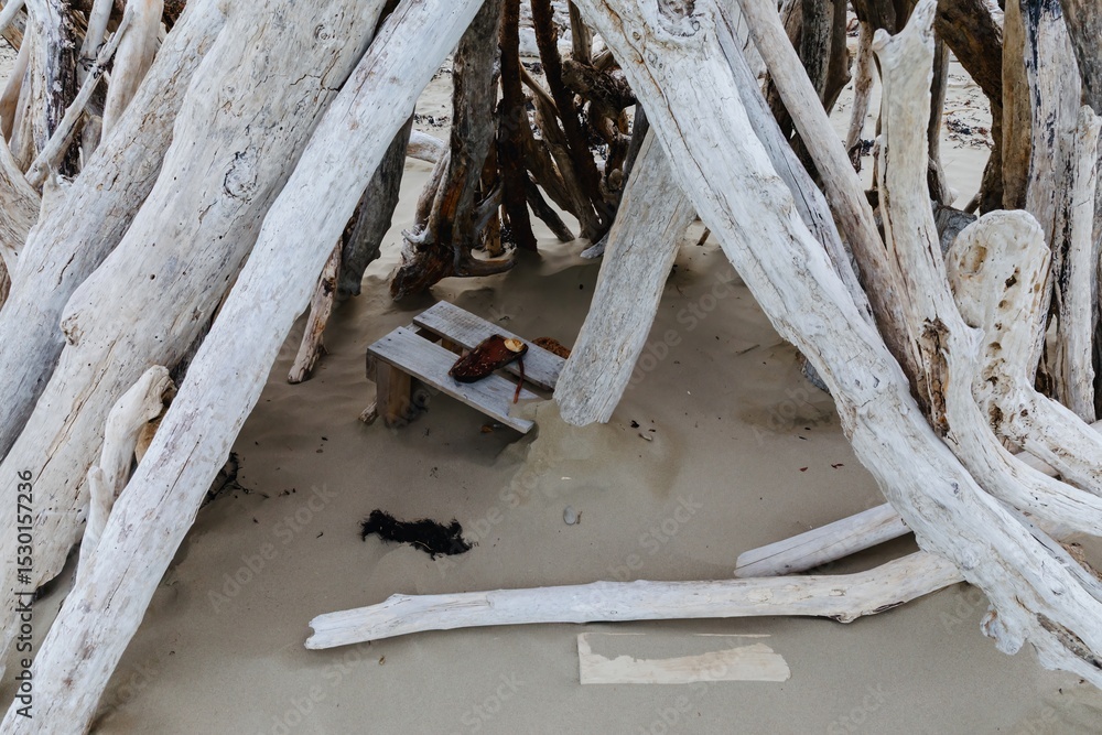 Φωτογραφία Driftwood shelter on a sandy beach in Akitio, Manawatu-Wanganui, New Zealand