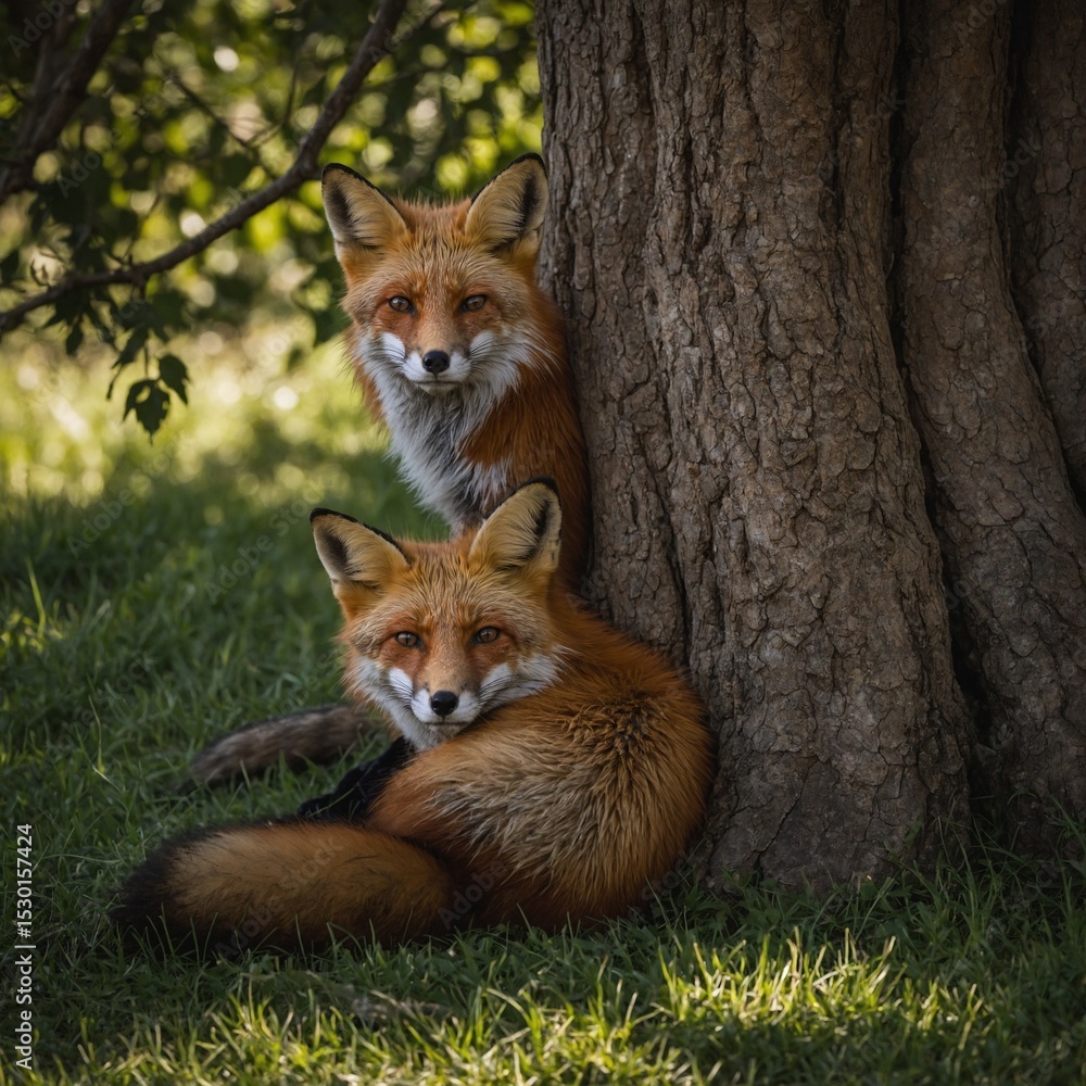 Obraz premium Red Fox Resting Under a Shady Tree
