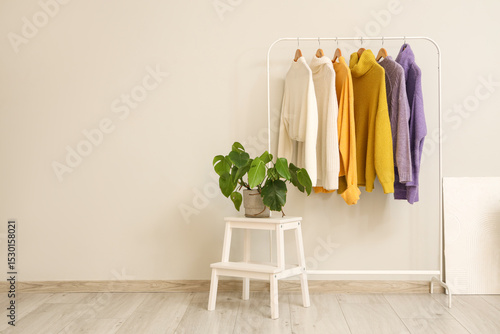 Rack of stylish clothes and...