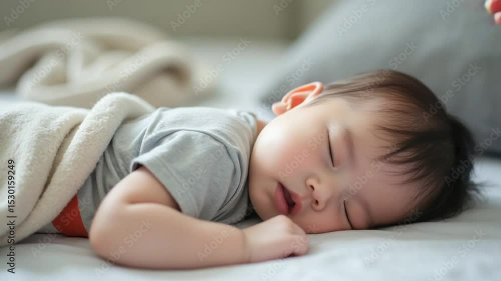 Peaceful sleeping child with gentle hand on forehead Peaceful sleeping child with gentle hand on forehead