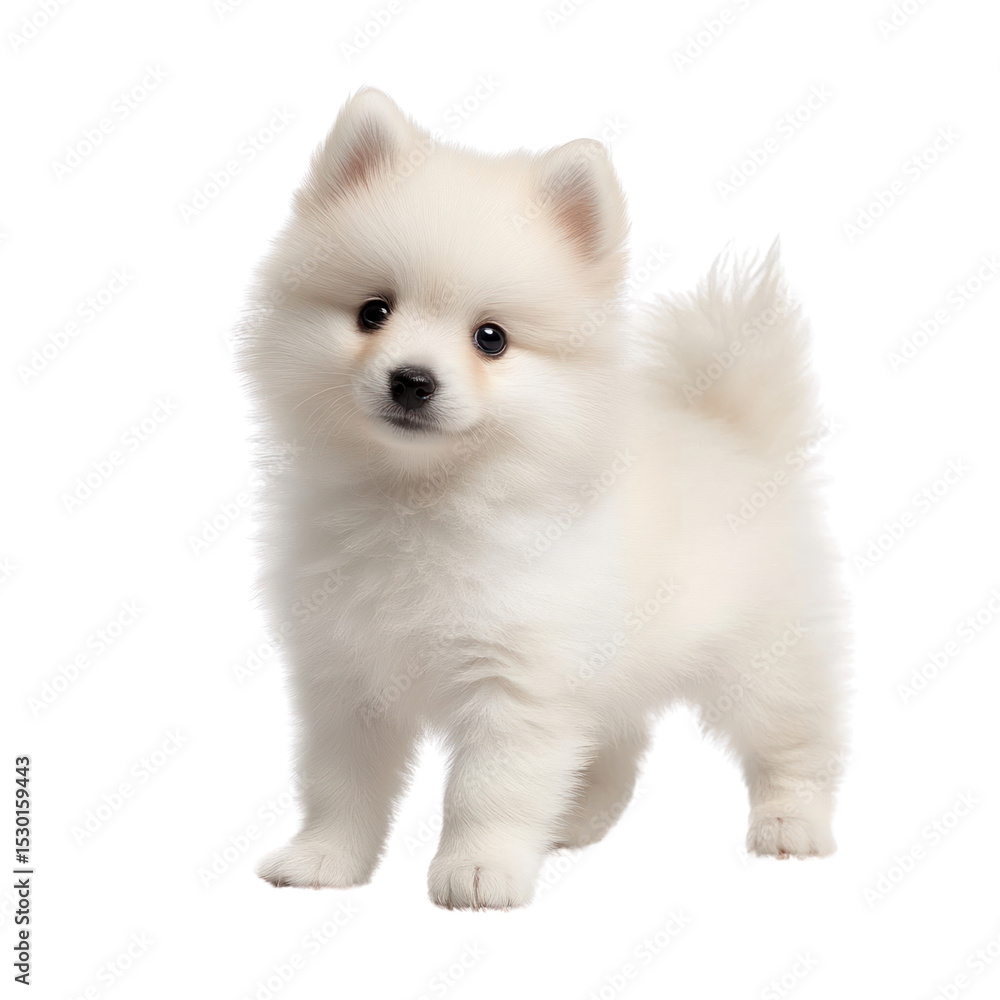 Obraz premium Fluffy Pomeranian Puppy: A captivating shot of an adorable Pomeranian puppy, showcasing its soft, white fur and irresistibly charming demeanor in a studio environment.