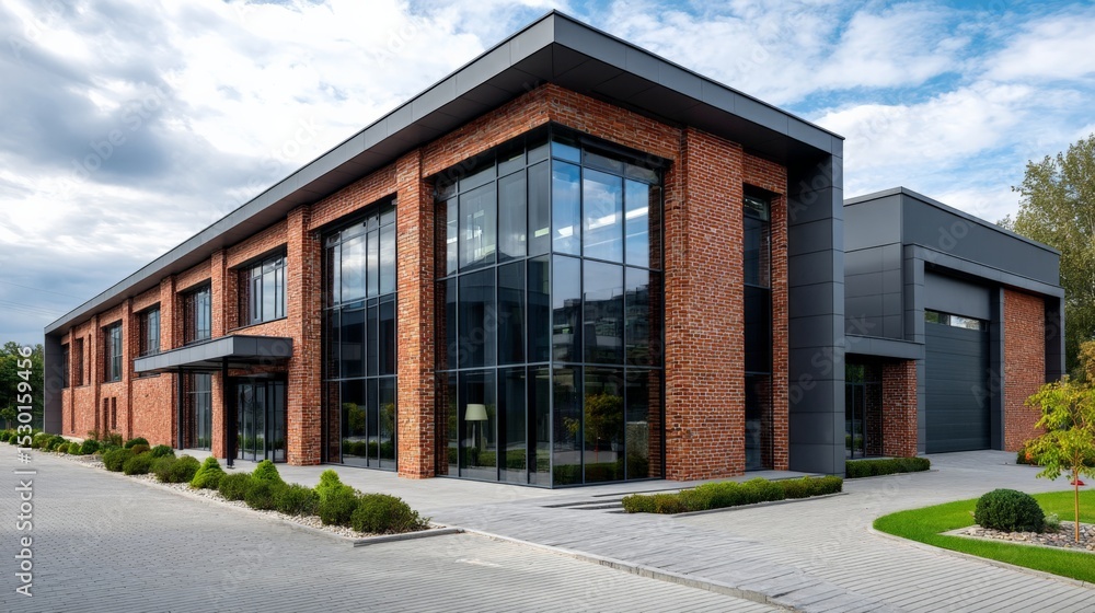 Modern industrial building with brick and glass facade, featuring sleek design and large windows Modern industrial building with brick and glass facade, featuring sleek design and large windows