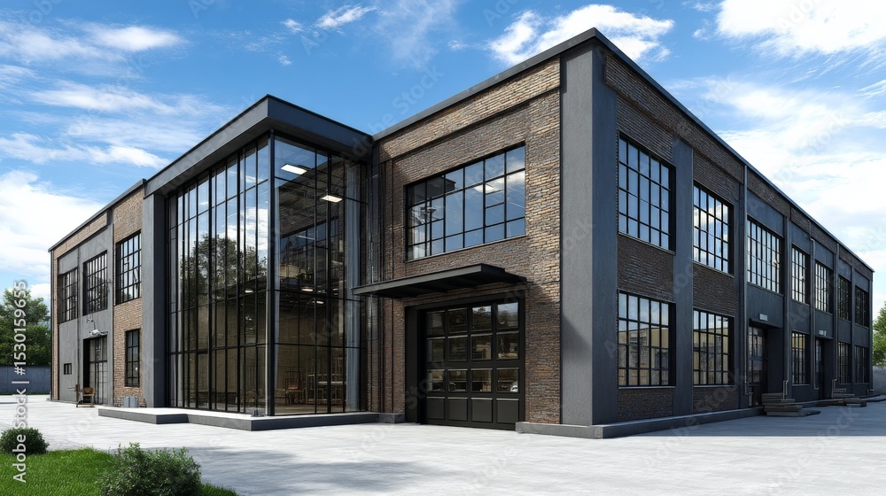 Modern industrial building with large glass windows and sleek design under a blue sky Modern industrial building with large glass windows and sleek design under a blue sky
