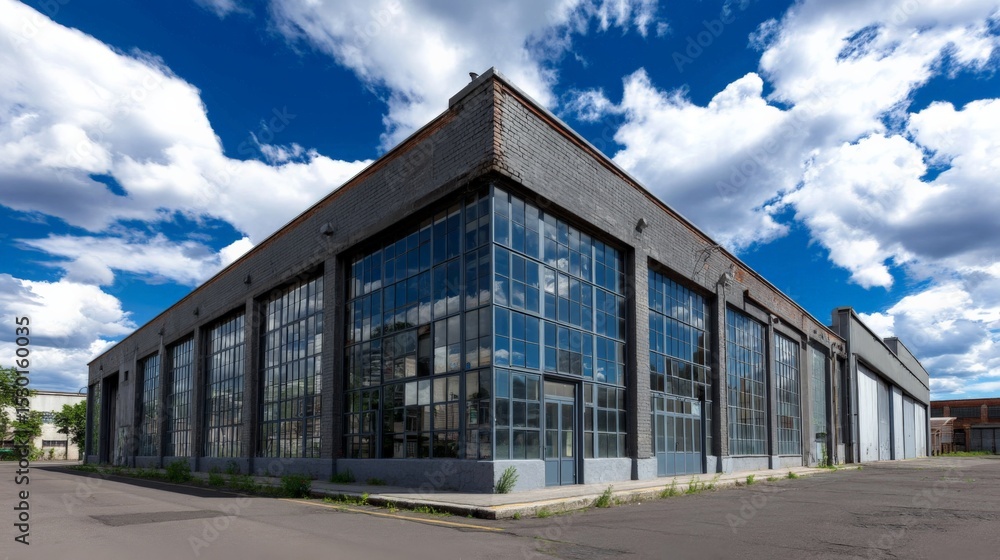 Modern industrial building with large glass windows under a bright blue sky Modern industrial building with large glass windows under a bright blue sky