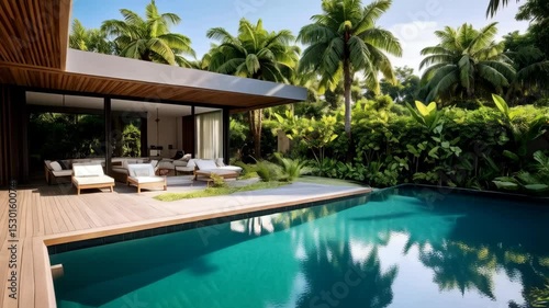 Wallpaper Mural Modern tropical villa with turquoise swimming pool and verdant surrounding garden, showcasing relaxation, luxury, and contemporary architecture. Torontodigital.ca