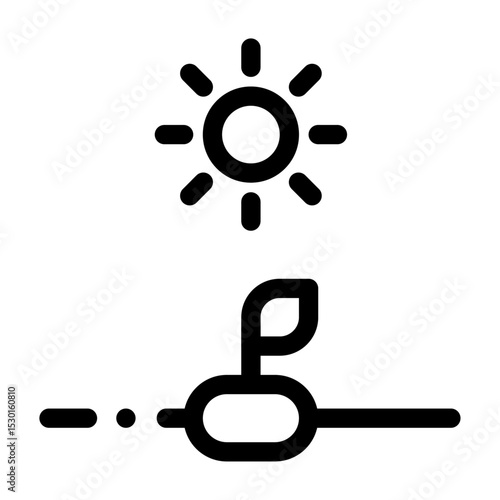 Icono de semilla con sol. Semilla en tierra germinando planta bajo un sol brillante. Crecimiento natural, energía vital y esperanza ecológica. Ilustración vectorial