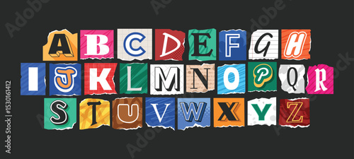 Ransom alphabet font collection. Cut paper newspaper and magazine letter. Retro torn typography y2k style.