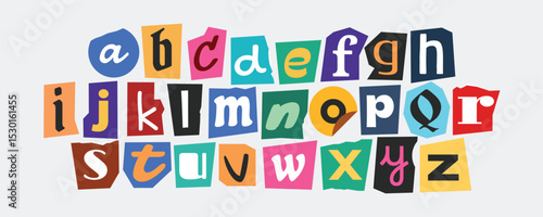 Ransom alphabet font collection. Cut paper newspaper and magazine letter. Retro torn typography y2k style.