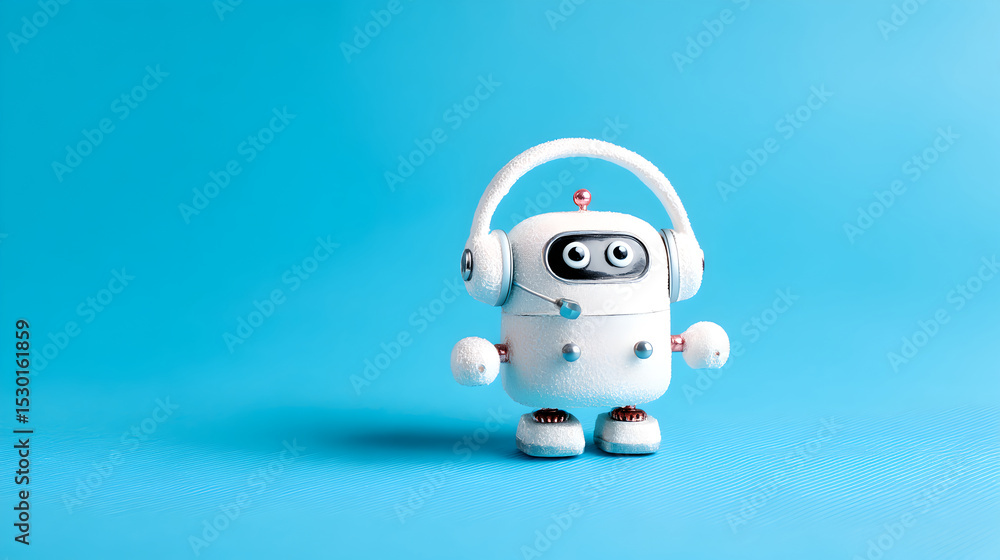 Obraz premium A small, charming white robot with a headset stands on a bright blue background, ready to communicate.