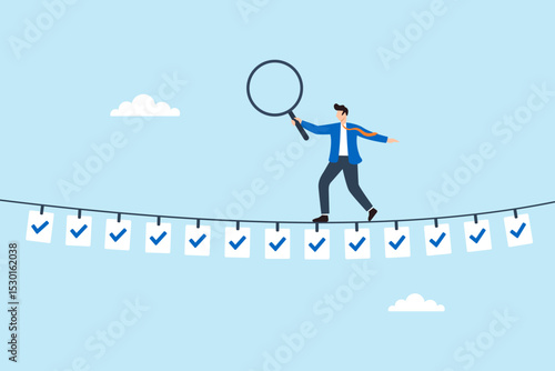 Flat illustration of businessman balancing magnifying glass on rope made of checklist papers to inspect standard approval and task completion
