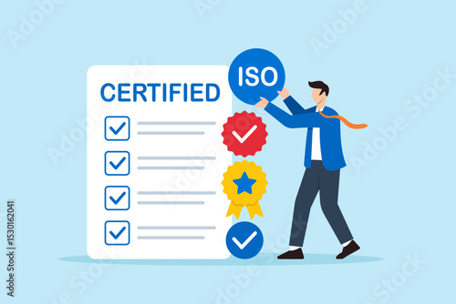 Flat illustration of businessman stacking quality badges to build ISO certified checklist for business approval