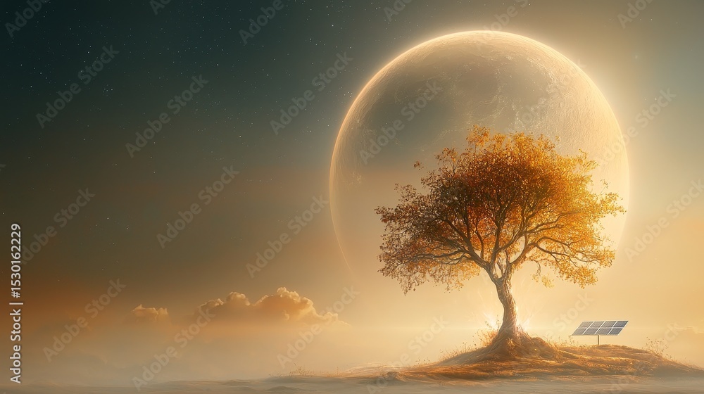 Fototapeta premium Mysterious tree under a celestial body serene landscape digital artwork tranquil atmosphere surreal concept