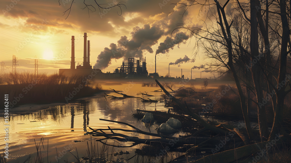 Environmental Impact, A factory surrounded by dead trees and polluted air Environmental Impact, A factory surrounded by dead trees and polluted air