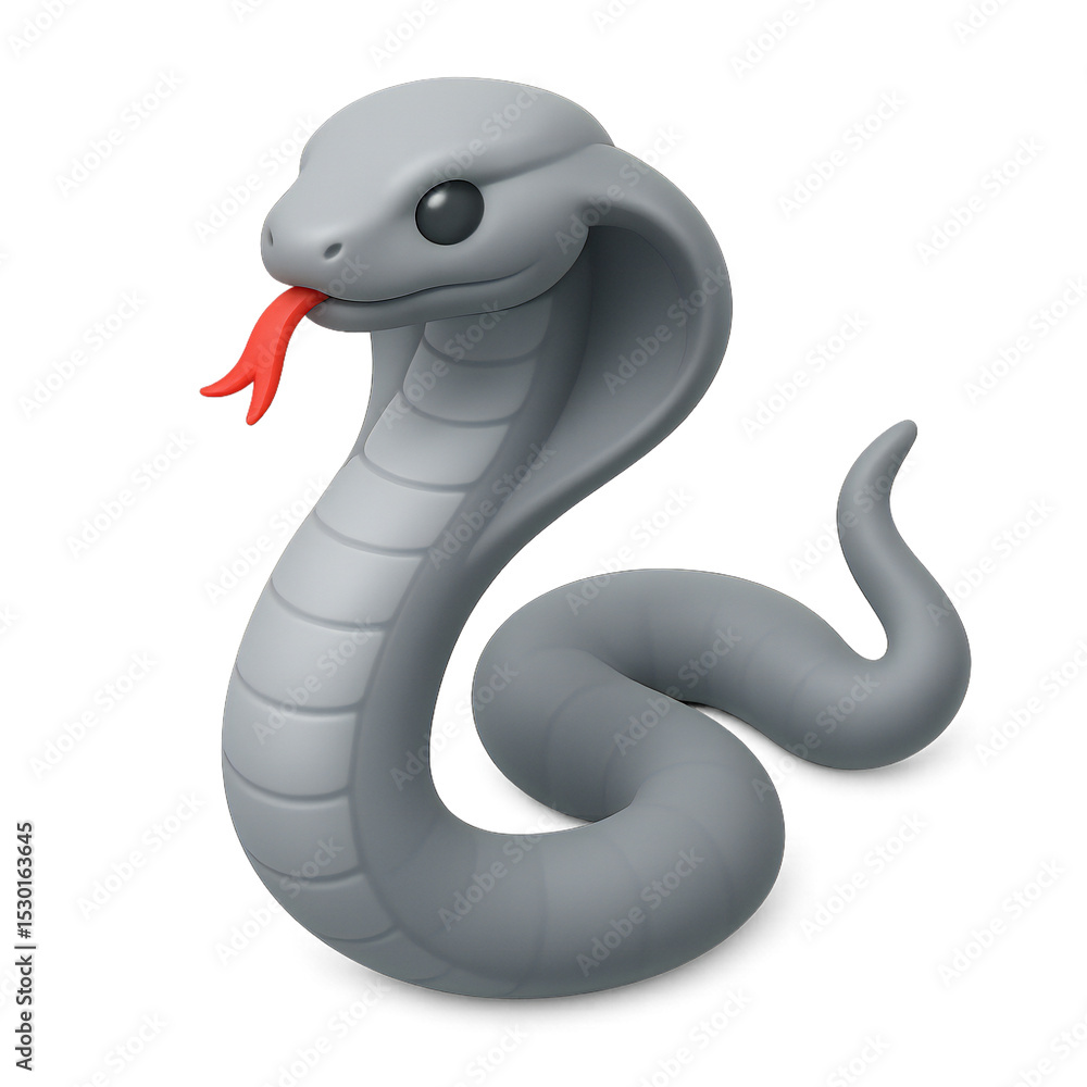 Fototapeta premium A stylized, grey cobra with a red tongue, posed against a white background.