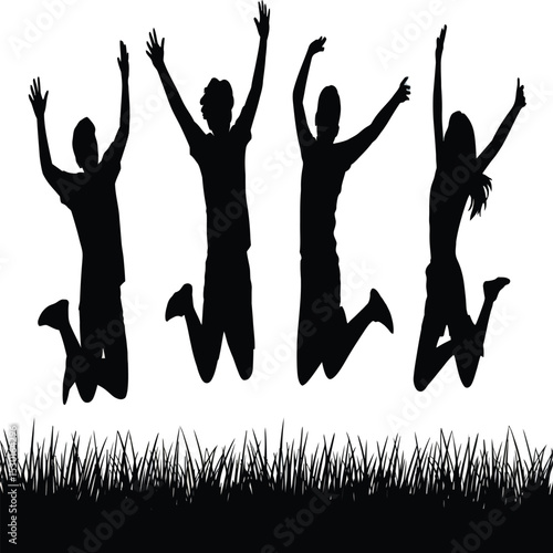 Joyful silhouettes of four friends leaping high in celebration above vibrant green grass a perfect representation of youth friendship and happiness