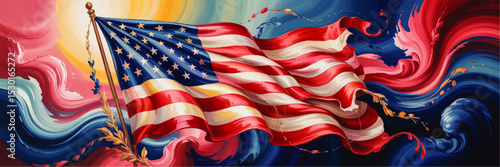 Vibrant Artistic American Flag Painting with Flowing Abstract Brush Strokes in Red, White, and Blue - Patriotic USA Concept Art