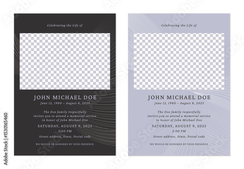 Minimalist funeral memorial service invitation templates in dark gray and light purple feature abstract lines and a rectangle placeholder for a photo. The overall tone is somber and respectful