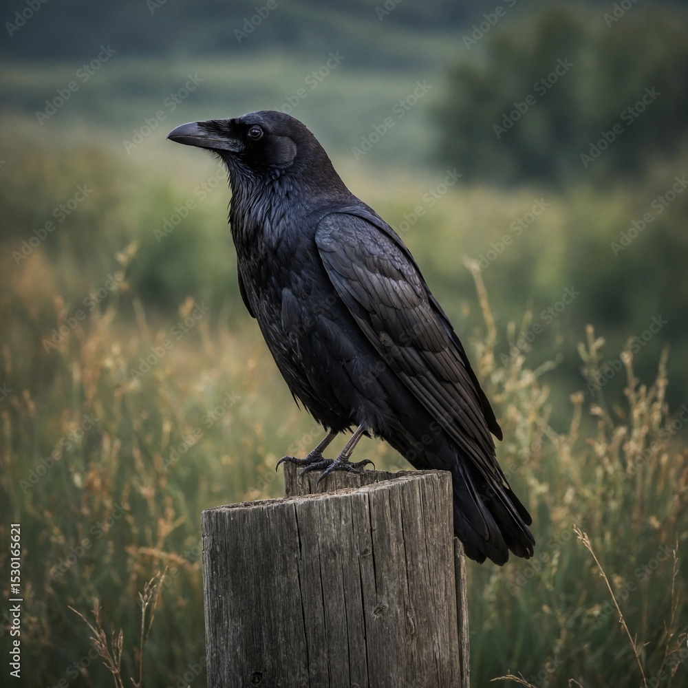Naklejka premium Raven Perched on a Weathered Fence Post