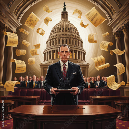 Confident Politician Delivering Speech in Historic Legislative Chamber with Capitol Dome and Flying Legal Documents