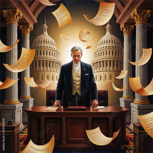 Determined Politician in Historic Government Office Surrounded by Flying Documents, Capitol Domes and Classical Columns – Power, Legislation, Authority Concept