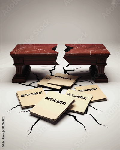 Broken Government Table with Impeachment Documents and Cracks, Political Crisis Symbolism, Legal Justice Concept Illustration