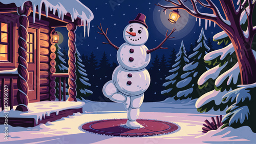 Whimsical Snowman Practicing Yoga Tree Pose at Night by a Cozy Winter Cabin in Snowy Pine Forest Cartoon Illustration