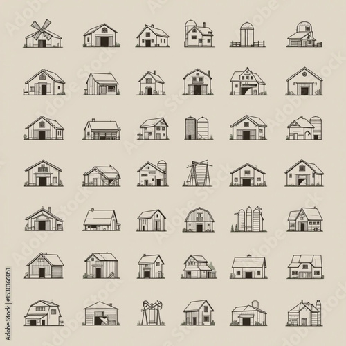 A set of 50 line icons depicting various types of barns, farm buildings, and rural structures