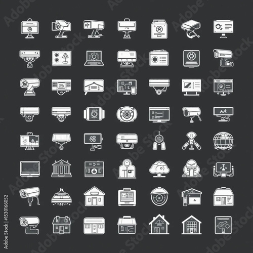 A set of 50 line icons depicting various types of security cameras, surveillance systems, and protection elements