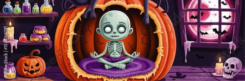 Cute Zombie Meditating Inside Pumpkin in Spooky Halloween Room with Candles, Potions, Skull, Bats, and Full Moon