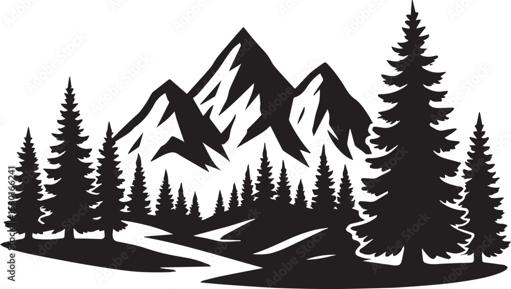 Obraz premium Mountain, Tree And Brids silhouette Vector | Minimalist & Trendy Mountain, Tree And Brids Silhouette Design | Unique & Stylish Mountain, Tree And Brids Artwork for Vector design